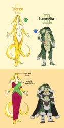 5_fingers 5_toes abs absurd_res anthro astrological_symbol boots bottomwear breasts cape character_name clothed clothed_anthro clothed_female clothing cobra cornelia_(zummeng) dress duo english_text feet female fingers foot_wraps footwear genitals green_body green_scales hand_wraps hi_res humanoid_feet humanoid_hands libra_(symbol) loincloth model_sheet muscular muscular_anthro muscular_female nipples nude nude_anthro nude_female plantigrade pubic_tattoo reptile scales scalie scorpio_(symbol) shoes snake standing symbol tail tattoo text toes venus_(zummeng) vulva western_zodiac_symbol wraps yellow_body yellow_scales zummeng