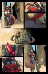 alley animal_genitalia animal_penis anthro aroused bandage bandaged_foot biped bite biting_lip black_body black_fur black_hair blue_eyes blush bottomwear building canid canine canine_genitalia canine_penis canis clothing comic denim denim_bottomwear denim_clothing digital_drawing_(artwork) digital_media_(artwork) digital_painting_(artwork) door duo erection female feral fur genitals glowing glowing_eyes grey_body grey_fur hair heart_eyes heart_symbol hi_res house imminent_sex jeans kerchief knot kythie_(legend_of_queen_opala) leg_wrap leg_wraps legend_of_queen_opala magihound male male/female mammal painting_(artwork) pants penis quadruped red_body red_fur sand smile temporalwolf walking_away wall_(structure) window wolf wraps zoophilia