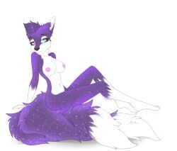 2025 anthro areola artist_name bedroom_eyes blue_eyes breasts canid canine colored constellation_markings digital_drawing_(artwork) digital_media_(artwork) female fox fur gloves_(marking) heterochromia leg_markings looking_at_viewer mammal markings multi_tail narrowed_eyes nipples nude pastel_theme pink_eyes purple_body seductive signature simple_background sitting sitting_on_ground smile socks_(marking) solo starry_fur starry_hair tail tanti text white_background white_body widescreen xmagickx