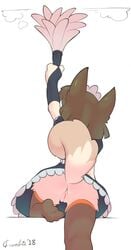 2018 absurd_res ass brown_hair clitoris clothed clothing crombie dated dress duster female fur furry furry_only hair hi_res legwear maid_uniform no_underwear pussy raised_arm rear_view signature simple_background solo tail thigh_highs uncensored uniform unknown_species upskirt white_background