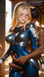 1boy 1girls ai_generated armor arms_around_waist balls black_hair black_hairband blonde_hair blue_bodysuit blue_eyes blurry blurry_background blush bodysuit boobplate breastplate breasts clothed_female_nude_male covered_navel covered_nipples dark-skinned_male dark_skin erection female gloves grabbing_from_behind grinding hairband hand_on_another's_stomach hug hug_from_behind imminent_penetration impossible_bodysuit impossible_clothes large_breasts league_of_legends league_of_legends:_wild_rift long_hair looking_at_another lux lux_(league_of_legends) lux_legue_of_legends luxanna_crownguard male medium_breasts meitabuu nude open_mouth patreon_username penis precum precum_drip riot_games shiny_clothes short_hair shoulder_armor skin_tight smile solo_focus standing straight sweat teeth testicles thigh_sex uncensored upper_teeth_only veins veiny_penis white_gloves