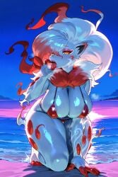 ai_generated beach fellatio_gesture furry hisuian_zoroark huge_breasts huge_thighs micro_bikini pokemon pokemon_(species) red_micro_bikini