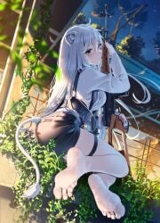 ahoge ankle barefoot big_breasts black_eyes black_nails black_skirt blush blushing_at_viewer breasts casino_(casinoep) feet feet_focus female foot_fetish fully_clothed gun holding_gun holding_object hololive hololive_japan kemonomimi lion_ears lion_tail long_hair long_nails long_sleeves looking_at_viewer shishiro_botan silver_hair sitting sitting_on_ground sitting_sideways skirt soles tail thighband toes virtual_youtuber wrinkles