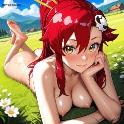 ai_generated big_ass closed_mouth completely_nude day depth_of_field dtkai flower foreshortening hair_ornament head_on_arm head_rest large_breasts long_hair looking_at_viewer meadow nipples oiled on_bed on_stomach outside perspective red_eyes sunlight sunshine tengen_toppa_gurren_lagann the_pose toes village wet yellow_eyes yoko_littner