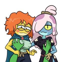 2girls aged_up ambiguous_gender amphibia amphibia_(finale) amphibia_(series) amphibian blush breasts bulge bulge_through_clothing cleavage clothed clothing disney erect erect_nipple erect_nipples erect_nipples_under_clothes erection erection_under_clothes erection_under_clothing groping groping_breasts hand_on_breast ivy_sundew maddie_flour nipple_bulge nipples nipples_visible_through_clothing swampman threesome yuri