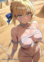 ai_generated aisuyuni artoria_pendragon artoria_pendragon_(fate) bandages blonde_hair blue_ribbon blush breasts fate_(series) green_eyes ribbon saber sand
