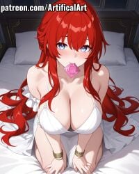 ai_generated artifical_art blush bracelet condom condom_in_mouth female hair_ornament honkai:_star_rail honkai_(series) hoyoverse jewelry light-skinned_female light_skin long_hair mihoyo perfect_body purple_eyes red_hair solo tribios_(honkai:_star_rail)