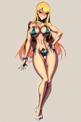 abs ai_generated bare_arms bare_legs bare_shoulders bare_thighs big_breasts bikini bikini_bottom bikini_top blonde_hair blush color fit_female gigiti hi_res kitagawa_marin large_breasts light-skinned_female light_skin long_hair looking_at_viewer pink_eyes queen_of_spades sono_bisque_doll_wa_koi_wo_suru tattoo thick_thighs