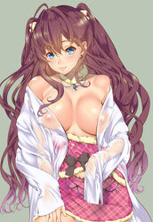 ahoge bangs bare_shoulders blue_eyes blush bow breasts breasts_out brown_hair coat commentary_request covered_nipples detached_collar dress dress_pull female hair_between_eyes highres ichinose_shiki idolmaster idolmaster_cinderella_girls jewelry labcoat large_breasts long_hair looking_at_viewer necklace off_shoulder open_clothes open_coat pink_dress plaid plaid_dress see-through shigaoka smile solo two_side_up undressing wavy_hair wet wet_clothes