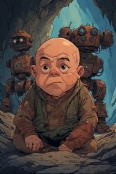 ai_generated cave fat_bald_man giant next old_torn_clothes robot_underground rusty_robots sad sitting to