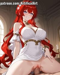 1boy ai_generated artifical_art blush bracelet clitoris cowgirl_position female hair_ornament honkai:_star_rail honkai_(series) hoyoverse jewelry light-skinned_female light_skin long_hair mihoyo muscular_male penis penis_in_pussy perfect_body purple_eyes pussy pussy_juice red_hair riding riding_penis sex smile spread_legs tribios_(honkai:_star_rail) vaginal_penetration vaginal_sex