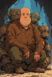 ai_generated cave fat_bald_man giant next old_torn_clothes robot_underground rusty_robots sad sitting to