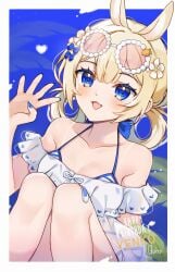 animal_ears bangs bare_shoulders bikini blonde_hair blue_eyes blue_sky blush bunny_ears cloud collarbone day dress female flower hair_flower hair_ornament knees_up looking_at_viewer off_shoulder open_mouth short_sleeves sitting sky smile solo swimsuit vyugen white_flower yenko