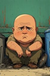 ai_generated cave fat_bald_man giant next old_torn_clothes robot_underground rusty_robots sad sitting to