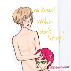 2boys akechi_touma blonde_hair blowjob blush eyes_rolling_back green_glasses head_back holding_head lewd_expression lips_on_penis looking_at_partner naked oral_sex penis_out pink_hair purple_eyes saiki_kusuo saiki_kusuo_no_psi_nan sweating white_background