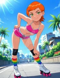 2025 ai_generated belly ben_10_(classic) bikini_under_shorts black_dot_eyes black_eyebrows blue_earrings blue_hairclip cartoon_network city_background closed_mouth closed_mouth_smile deviantart elryusam green_eyes_female gwen_tennyson_(classic) hand_on_hip hand_on_leg looking_at_viewer meta mouth_closed orange_hair_female pink_bikini pink_shorts rainbow_socks roller_skates smile_at_viewer smiling_at_viewer tummy warner_bros._animation