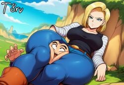 1boy 1girls ai_generated android_18 blonde_female blonde_hair blue_eyes clothed clothing crushing dragon_ball dragon_ball_super dragon_ball_z femdom head_between_thighs jeans narrow_waist outdoors t8r thick_thighs thighs wide_hips