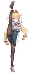 1girls absurd_res alice_thymefield animal_ears belt blonde_female blonde_hair bunny_ears bunny_girl female fully_clothed green_skirt heterochromia hoyoverse leggings long_hair medium_breasts mihoyo minishorts orange_eyes red_eyes spread_legs spreading zenless_zone_zero