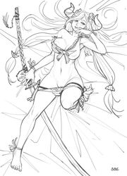 ankle_bracelets ankle_ribbon arm_ribbon bbc-chan bra bracelet breast_slip female granblue_fantasy horns long_hair lying narmaya_(granblue_fantasy) nipple_slip nodachi panties panty_pull ribbon sketch solo underwear weapon