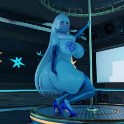 big big_ass big_breasts blue_body blue_diamond_(steven_universe) blue_eyes blue_hair blue_skin bubble_ass naked_female naked_heels public_exposure ready_to_fuck speaker stickers_on_body striped_body stripper_pole sweating thick_thighs useless_clothing