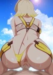 anus apple_butt bikini blonde_hair censored cowgirl_position deep_penetration elegg_(boom_and_shock)_(nikke) elegg_(nikke) female_on_top female_penetrated goddess_of_victory:_nikke hara_(harayutaka) large_ass penetration pussy sex short_hair spread_legs sweat thick_thighs thighhighs thighs wide_hips