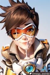 ai_generated bomber_jacket brown_eyes brown_hair clothed cumshot cumshot_on_face facial facial_cumshot female goggles happy kneeling kneeling_female kneeling_oral_position lena_oxton looking_at_viewer male omega_weirdo overwatch overwatch_2 patreon pov pov_male short_hair smile smiling smiling_at_viewer solo solo_focus spiky_hair tracer wink