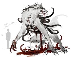 1other artist_self-insert bleeding blood blood_drip blood_from_eyes blood_on_ground blood_on_hands claws creature exposed_gusset gouged_eye highres leech looking_back open_mouth original pool_of_blood rearing sharp_teeth simple_background size_comparison stitches teeth tentacle white_background wolf yoimon