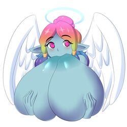 angel angel_wings big_breasts blue_skin breast_grab breast_squeeze breast_sucking elf eonbound goddess halo huge_breasts jcdr large_breasts multicolored_hair pink_eyes rainbow_hair self_breast_sucking xaessya