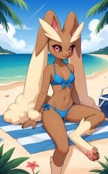1girls 2025 ai_generated anthro beach bikini black_sclera brown_fur cameltoe female female_only generation_4_pokemon hi_res lopunny nintendo oblivious paws pink_eyes pokemon pokemon_(species) rabbit seaside sitting smile