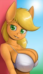 anthro anthrofied big blonde_hair body breasts cleavage clothed clothing female freckles hair orange overflow solo