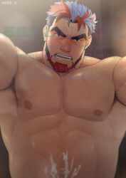 1boy arm_support armpit_hair armpit_hair_peek artist_name bara beard black_hair blue_hair blurry blurry_background blush chinstrap_beard crave_saga cum cum_on_body cum_on_stomach earrings facial_hair grin jewelry large_pectorals looking_at_viewer male_focus masa_(mshk_s) mature_male multicolored_hair muscular muscular_male nipples pectorals red_hair short_hair single_earring smile solo steaming_body sweat taker_pov tesoro_(crave_saga) thick_eyebrows topless_male two-tone_beard watermark