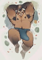 2025 anthro armpit_hair asian_clothing bara bear bird's-eye_view blue_clothing blue_fundoshi blue_underwear blush body_hair brown_body brown_fur bulge clothed clothing detailed_bulge east_asian_clothing full-length_portrait fundoshi fundoshi_only fur genital_outline happy_trail hi_res high-angle_view japanese_clothing league_of_legends looking_at_viewer male mammal musclegut muscular muscular_anthro muscular_male muscular_thighs nipples partially_submerged penis penis_outline pinup portrait pose pubes raised_arms retsito riot_games solo stocky tencent topless underwear underwear_only volibear yaoi