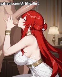 1boy ai_generated artifical_art balls balls_in_mouth blush bracelet female hair_ornament honkai:_star_rail honkai_(series) hoyoverse jewelry light-skinned_female light_skin long_hair mihoyo penis perfect_body purple_eyes red_hair sucking sucking_balls touching_penis tribios_(honkai:_star_rail)