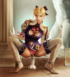 1girls armor bangs black_bow blonde_hair boots bow breasts cassandra_alexandra cleavage_cutout clitoris clothing_cutout dildo dildo_in_pussy dildo_riding dildo_sitting dress female_focus female_masturbation female_only full_body green_eyes hair_bow hair_ornament high_res lips looking_at_viewer masturbation medium_breasts mrstranger object_insertion panties panties_aside parted_lips pink_panties pussy sex_toy sex_toys shirt shoulder_pads sleeveless sleeveless_shirt solo solo_female soul_calibur spread_legs squatting stockings stone_dildo thigh_high_boots uncensored underwear vaginal vaginal_insertion vaginal_object_insertion