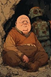 ai_generated cave fat_bald_man giant next old_torn_clothes robot_underground rusty_robots sad sitting to