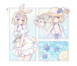 animal_ears bare_shoulders bikini blonde_hair blue_eyes blush bow breasts closed_mouth diagonal_stripes dress eyebrows_visible_through_hair eyewear_on_head female flower hair_ornament hat holding looking_at_viewer one_eye_closed short_hair smile striped striped_background sunglasses swimsuit virtual_youtuber vyugen yenko
