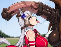 1girls ai_generated big_ass big_breasts big_cock black_eyeshadow blunt_bangs eyelashes eyeliner gold_ship_(umamusume) grey_hair horse horse_girl horsecock purple_eyes shewwwhore umamusume