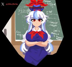 1girls ass big_breasts blue_clothing blue_hair board breasts classroom clothed female hat humor keine_kamishirasawa looking_at_viewer mikominfuu pixel_art red_eyes simple_background solo teacher touhou touhou_project white_hair