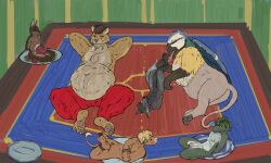 animal_genitalia anthro anthro_pred anthro_prey apple arms_tied avian belly big_belly black_body black_fur blonde_hair blue_body blue_feathers bonsai bottomwear bound bovid bovine brown_body brown_fur brown_hair canid canine cattle cleat clothing detailed_background erection feathers feet feet_tied felid feral food forced fruit fur genitals green_body green_hair group gryphon hair hands_behind_head hi_res huge_belly inside jeri_kleinlowe kneeling lagomorph larger_pred leporid lion lying male male/male male_prey mammal multiple_prey mythological_avian mythological_creature mythology nipples nude nude_prey on_back oral_vore pantherine pants penis plant rabbit red_bottomwear red_clothing red_pants scalie sheath size_difference smaller_pred stomach_bulge tan_body tan_fur vore white_body white_feathers willing_prey yellow_body yellow_feathers