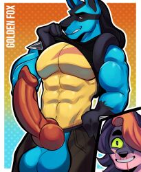 abs animal_genitalia animal_penis anthro balls big_balls big_penis black_body black_fur blood blue_body blue_fur bodily_fluids canine_genitalia canine_penis clothed clothing fur generation_4_pokemon genitals golden_fox heart_eyes heart_symbol hi_res knot knotted_penis looking_at_viewer lucario male male/male muscular muscular_male nagisalucario nintendo nosebleed pecs penis pokemon pokemon_(species) presenting raised_clothing raised_shirt raised_tank_top raised_topwear scar shirt simple_background solo tank_top topwear yellow_body yellow_fur