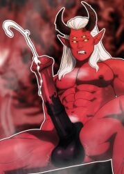 4_eyes angry angry_expression balls bare_shoulders belly_button blurred_background collarbone cum_drip cumming cumshot dc_comics demon devil gingiensfw glowing_eyes highres horns horse_penis horsecock horsecock_on_humanoid large_balls large_penis legs_spread long_hair looking_at_viewer male masturbation muscular muscular_male naked navel nude penis pubic_hair sharp_teeth sitting solo steamy teeth throne trigon white_hair yellow_eyes