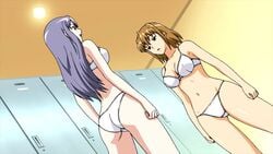 2girls :d :o agent_aika aika_sumeragi aika_zero annoyed arm ass bare_arms bare_legs bare_shoulders bra breasts brown_hair clenched_hand collarbone dutch_angle female female_only grey_hair highres human human_only indoors legs light-skinned_female light_skin lingerie long_hair looking_at_another medium_breasts midriff miyu_shiratori multiple_girls navel neck pale-skinned_female pale_skin panties short_hair smile standing sweatdrop thick_thighs villainess white_bra white_knights white_panties wide_hips