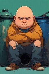 ai_generated cave fat_bald_man giant next old_torn_clothes robot_underground rusty_robots sad sitting to
