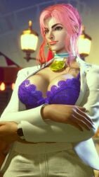 3d big_breasts blazer blue_eyes bra breasts choker cleavage female female_focus female_only french french_female lingerie manon_legrand nail_polish pink_hair sf_screenshot street_fighter tagme