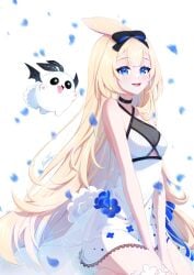 :d animal bangs bare_arms bare_shoulders black_choker blonde_hair blue_eyes blush bow breasts bug butterfly choker dress eyebrows_visible_through_hair female hairbow insects long_hair looking_at_viewer open_mouth petals sleeveless sleeveless_dress smile solo striped striped_bow vertical-striped_dress vertical_stripes very_long_hair vyugen yenko