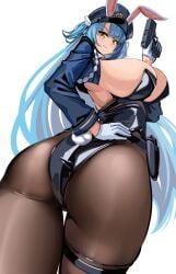 absurdres animal_ears ass azur_lane black_leotard blue_hair blush breasts cropped_jacket detached_collar fake_animal_ears female gloves gun hat highleg highleg_leotard highres holding holding_gun holding_weapon large_breasts leotard long_sleeves looking_at_viewer looking_back neptune_(azur_lane) neptune_(officer_bunneptune_is_on_the_case!)_(azur_lane) pantyhose playboy_bunny police_hat rabbit_ears rabbit_tail simple_background slug_1356 smile solo strapless strapless_leotard tail thigh_strap weapon white_background white_gloves wrist_cuffs yellow_eyes