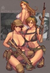3girls 4boys ass assault_rifle bandana baseball_cap belt beret bikini binoculars black_bikini black_gloves blonde_hair boots breasts brown_hair carbine cleavage commentary commentary_request copyright_name cosplay english_commentary female fio_germi glasses gloves green_bandana gun hat holding holding_gun holding_weapon huge_breasts ibanen kasamoto_eri knee_pads kneeling m4_carbine male metal_slug military military_uniform multiple_boys multiple_girls navel on_one_knee one-piece_swimsuit ponytail pouch prisoner_of_war_(metal_slug) rifle shorts smile snk sophia_greenville squatting swimsuit weapon white_one-piece_swimsuit yellow_eyes