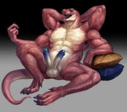2_penises animal_genitalia animal_penis anthro balls crius erection genitals hemipenes hi_res humanoid_genitalia humanoid_penis limb male multi_genitalia multi_limb multi_penis muscular nhanduc open_mouth penis reptile scalie snake solo tongue
