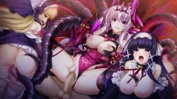 1boy 3girls abystia_dragoon anus ass black_hair blonde_hair blush breasts breasts_out censored clothing_aside collar corruption doggy_style game_cg gloves grabbing_own_breast grin group_sex hairband harem horns inoino kouyoku_senki_exs-tia large_breasts large_variant_set leash leotard long_hair looking_at_viewer mosaic_censoring multiple_girls nipples non-web_source official_art open_mouth panties penis pointy_ears pubic_tattoo purple_eyes purple_hair pussy red_eyes reverse_cowgirl_position ribbon rieszverne_suzette_paladill sex sex_from_behind smile straddling straight tail tattoo tentacle thighhighs underwear vaginal_penetration variant_set white_hair white_panties white_thighhighs