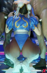 3d absurd_res back_view chun-li clothed_female_nude_male fapping highres implied_oral jacking_off shaddoll_x street_fighter surrounded_by_penises tongue